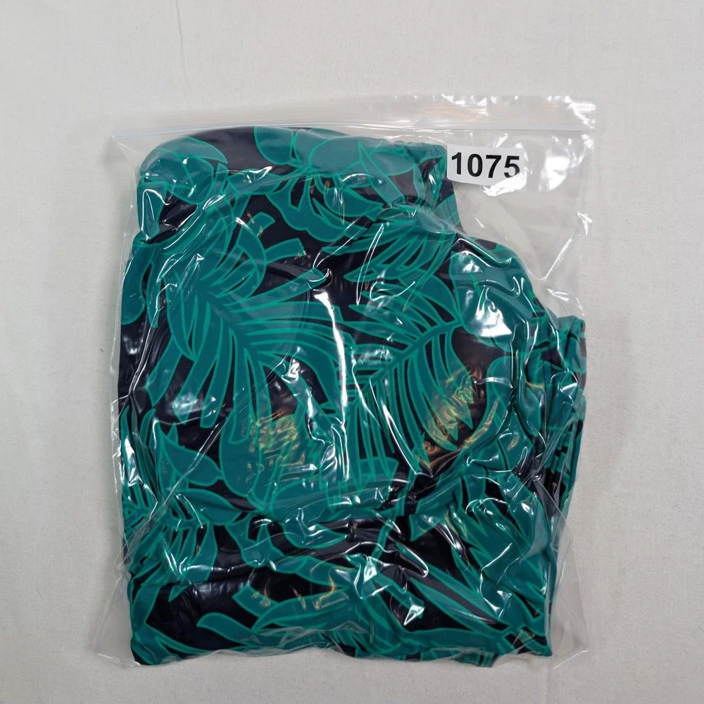Lands' End Women Tropical Palm Print One Piece Swimsuit L Green Blue